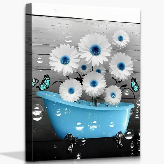 Blue Flower Bathroom Canvas Wall Art Decor,Farmhouse Art Wall Prints,Flower and Butterfly Bathtub Canvas Art Pictures Modern Grey and White Geometric Framed Wall Art for Bedroom Wall Decor,12x16inch
