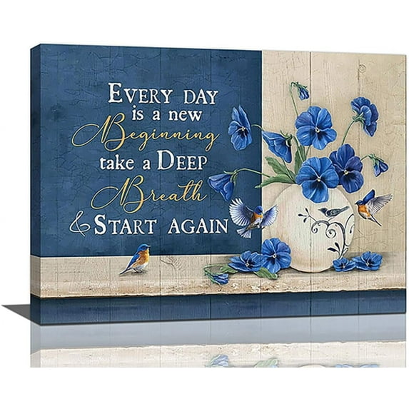 Blue Flower Bathroom Decor Wall Art Rustic Flower Birds Pictures Motivational Floral Canvas Painting Framed Artwork for Bedroom Living Room Bathroom 20"x16"