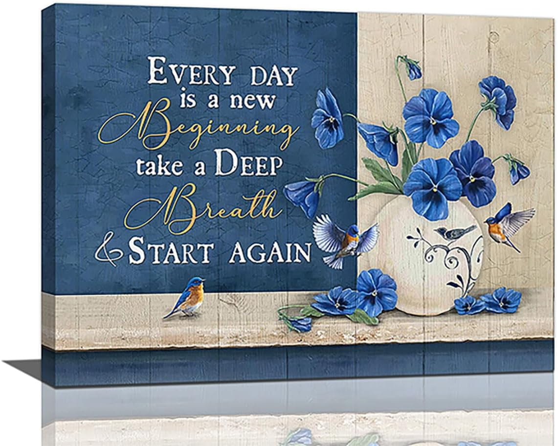 Blue Flower Bathroom Decor Wall Art Rustic Motivational Floral Wall Art