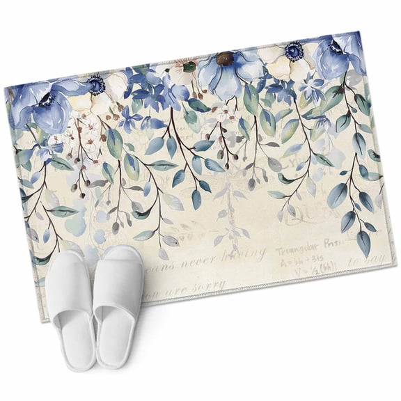 Blue Flower Bathroom Mat 2x3 FT, Non Slip Small Kitchen Mat, Farmhouse Eucalyptus Retro Country Plant Washable Soft Backed Front Door Throw Rug Non-Shedding Indoor Outdoor Doormat for Entryway Sink