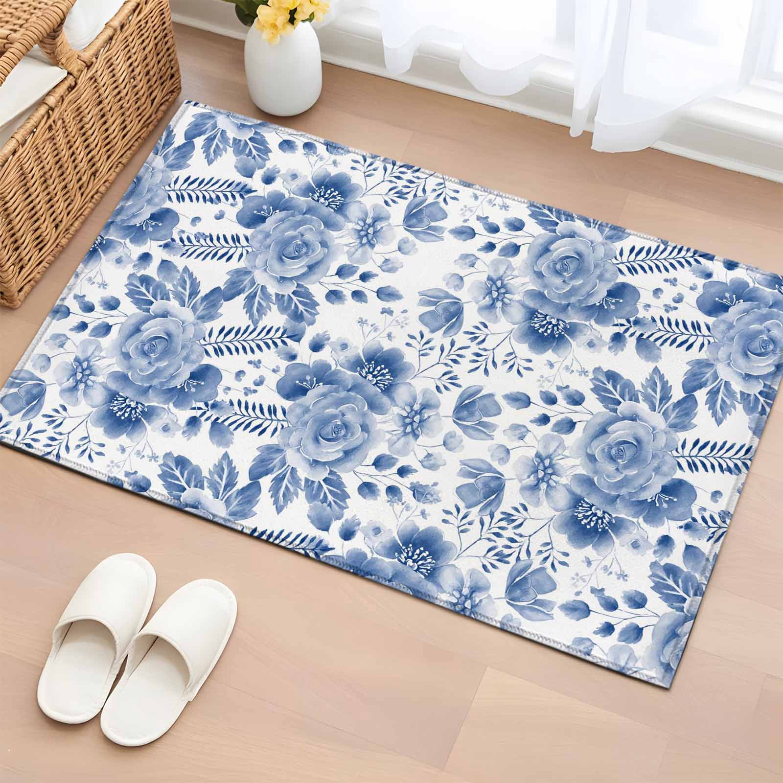Blue Door Rug Blue Flower Bathroom Rug Washable 2x3 Entryway Rug Non Slip Botanical ...
