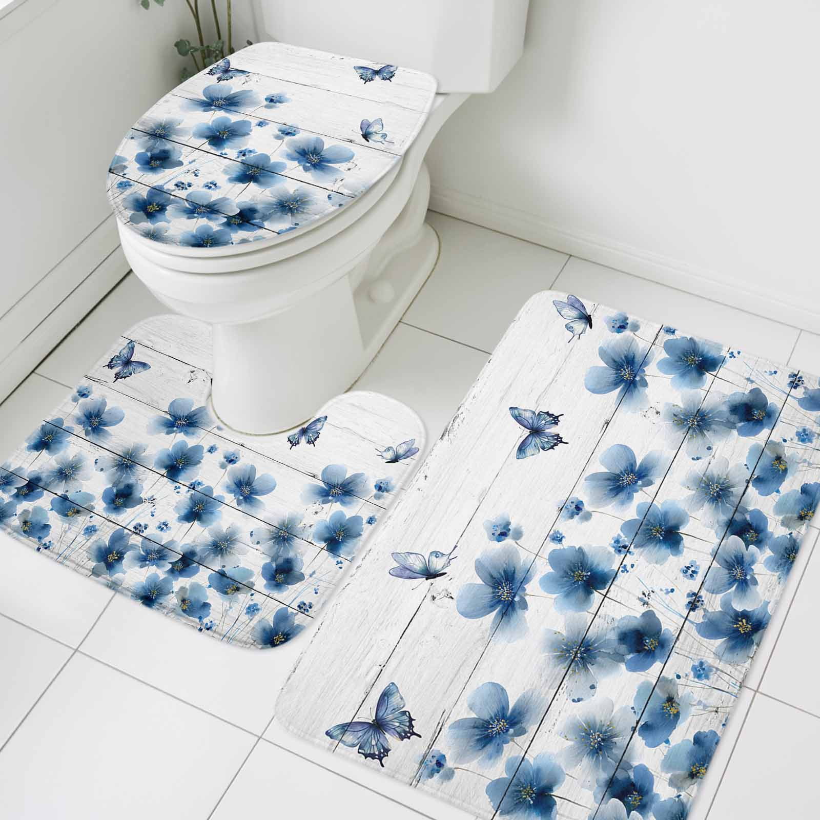 Blue Flower Bathroom Rugs Set Watercolor Spring Blue Floral Butterfly ...