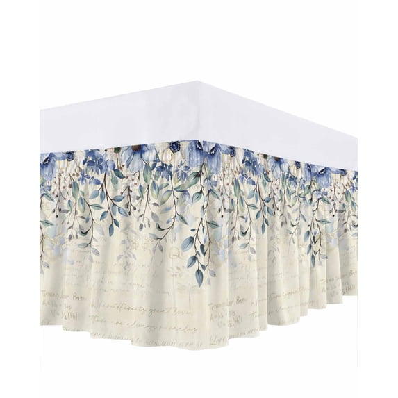 Blue Flower Bed Skirt King Size, Farmhouse Eucalyptus Retro Country Plant Wrap Around Bed Skirting with Adjustable Elastic Strap, Dust Ruffle Pleated Bedskirts 16 Inch Drop for Bedroom King Beds