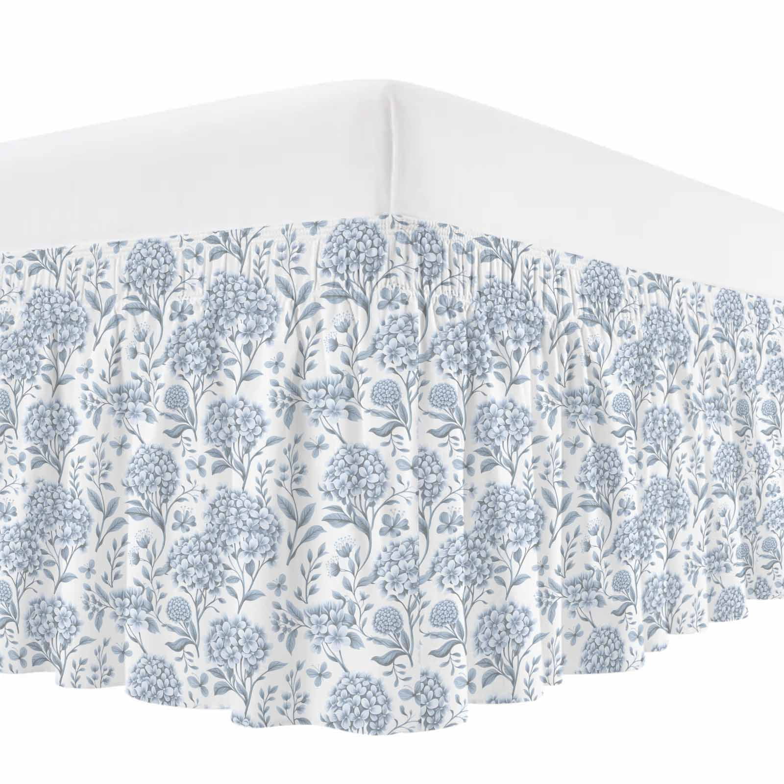 Blue Flower Bed Skirt Queen Size, Botanical Floral Vintage Wildflower Leaf Wrap Around Bed Skirting with Adjustable Elastic Strap, Dust Ruffle Pleated Bedskirts 18 Inch Drop for Bedroom Queen Beds