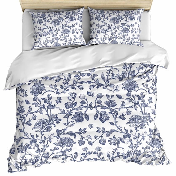 Blue Flower Bedding 3 Piece Duvet Cover Set Full Size, Spring Leaf Vintage Farmhouse Boho Plant Soft Microfiber Comforter Cover with Zipper Closure & Pillowcases, Wrinkle & FadeResistant Quilt Cover