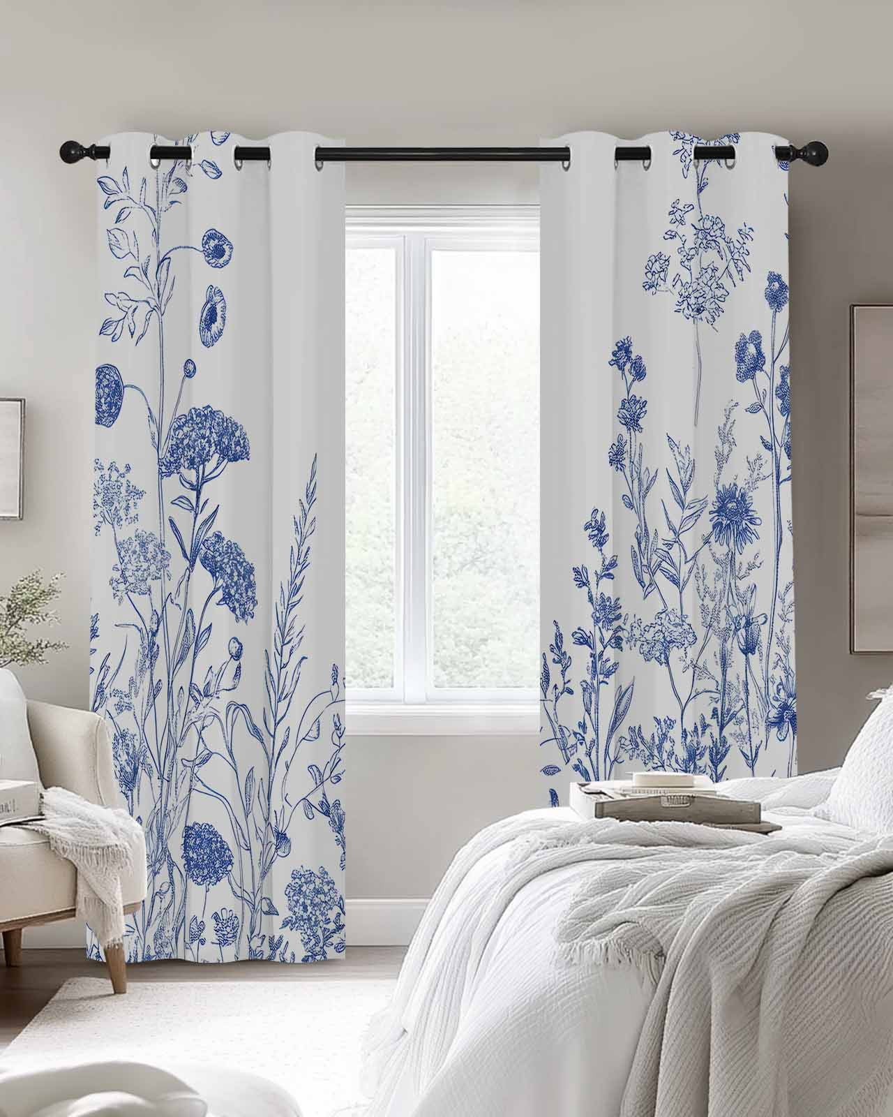 Blue Flower Blackout Curtains 2 Panels Spring Wildflowers Blue White
