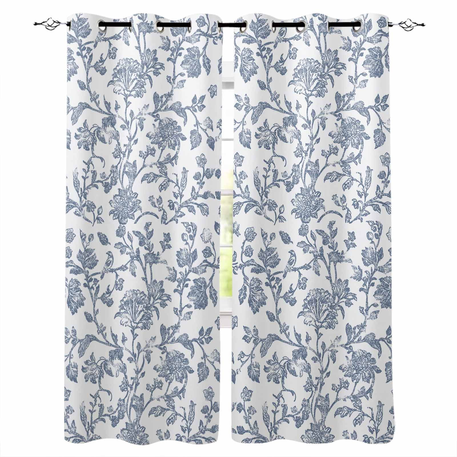 Blue Flower Blackout Curtains 45 Inches Long for Bedroom, Vintage ...