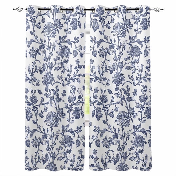 Blue Flower Blackout Curtains 54 Inches Long, Spring Leaf Vintage Farmhouse Boho Plant Thermal Insulated Black Out Curtains, Darkening Window Curtain Drapes for Bedroom Living Room 45"x54" 2 Panels