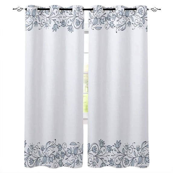 Blue Flower Blackout Curtains for Bedroom/Living Room, Thermal Insulated Kitchen Curtains, Spring Modern Minimalist Country Floral Plant Grommet Darkening Window Treatment Drapes 42"x63"x2