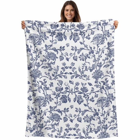 Blue Flower Blanket Soft Cozy Warm Throw Blanket for Couch, Plush Fuzzy Flannel Fleece Blankets for Sofa, Spring Leaf Vintage Farmhouse Boho Plant Bed Blankets Lightweight Gifts for Women, 30"x40"