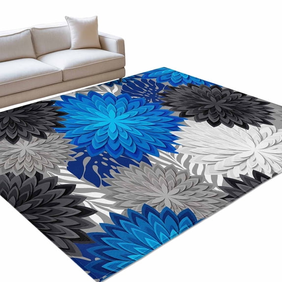 Blue Flower Bloom Area Rugs 3x5ft Modern Abstract Minimalist Black and ...