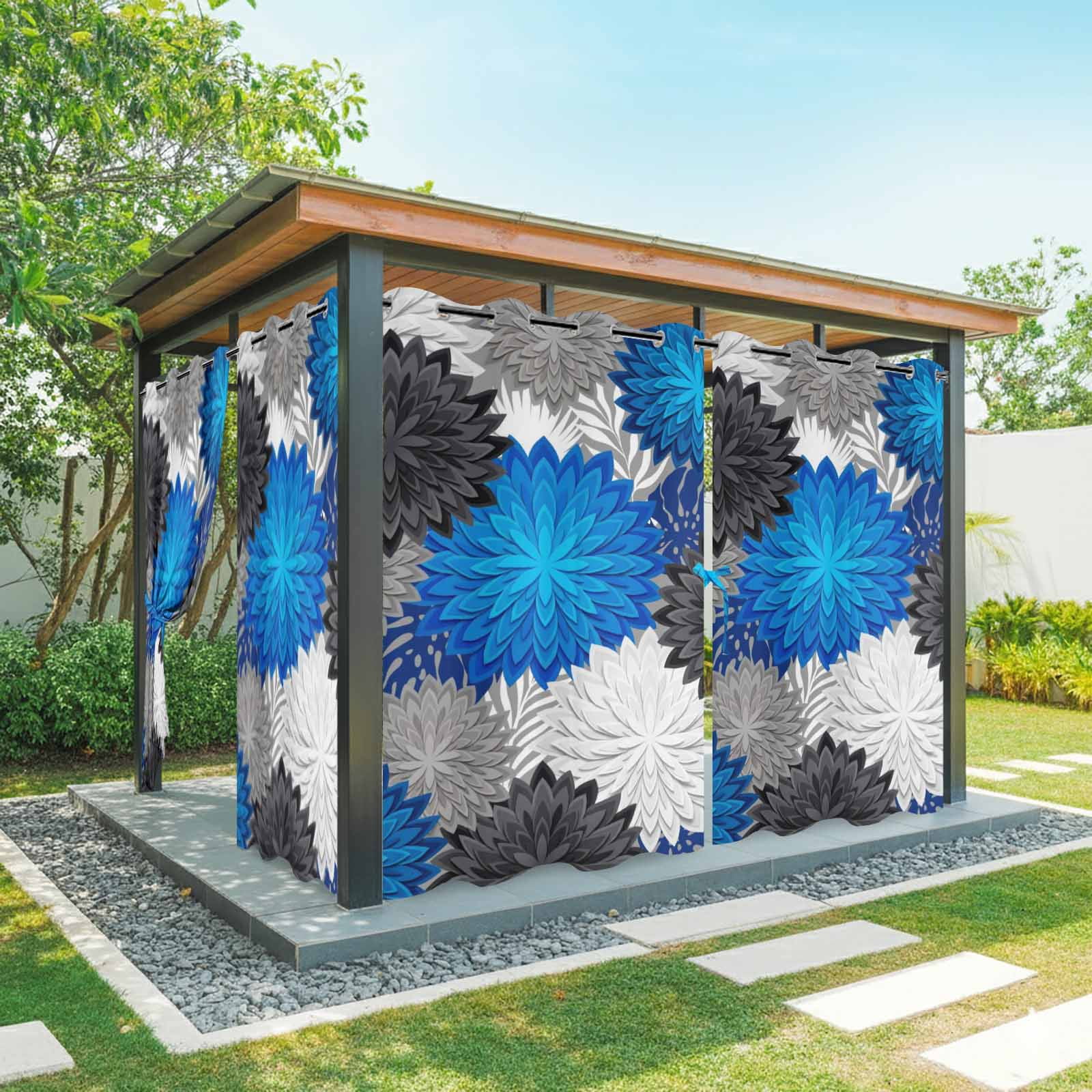 Blue Flower Bloom Outdoor Curtains for Patio, Modern Abstract Minimalist Black and White Floral Sunshade Privacy Drapes Grommet Waterproof Outside Curtains for Porch/Cabana/Balcony 54"x 108", 1 Panel
