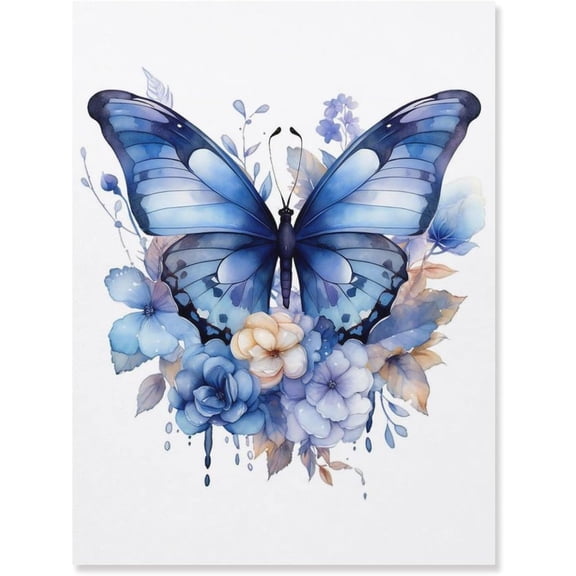Blue Flower Blue Butterfly Interior Canvas Painting Watercolor Art Panel Wall Picture Poster Wall Decor Sofa Background Painting Entrance Wall Decor Painting 12x16 inch Unframed