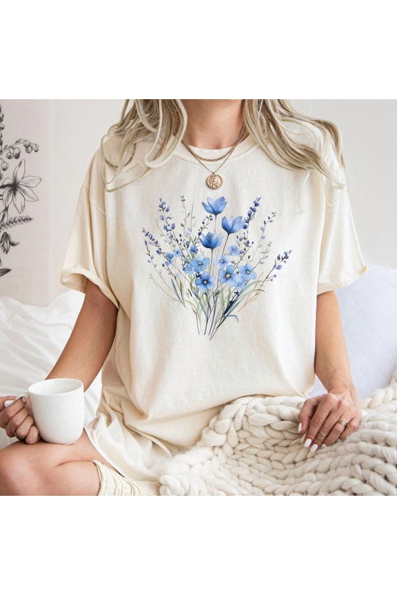 Blue Flower Bouquet Shirt, Flower Lover Shirt, Retro Floral Shirt, Short Sleeve Cotton Crewneck, Regular & Plus Size, S-5XL, Gift for Nature Lover