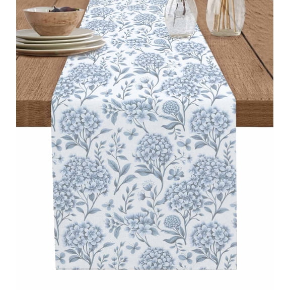 Blue Flower Burlap Cotton Table Runner 13x72 Inches Long, Botanical Floral Vintage Wildflower Leaf Farmhouse Table Runners, Outdoor Dining Tablecloths Decor for Baby Shower/Party/Wedding