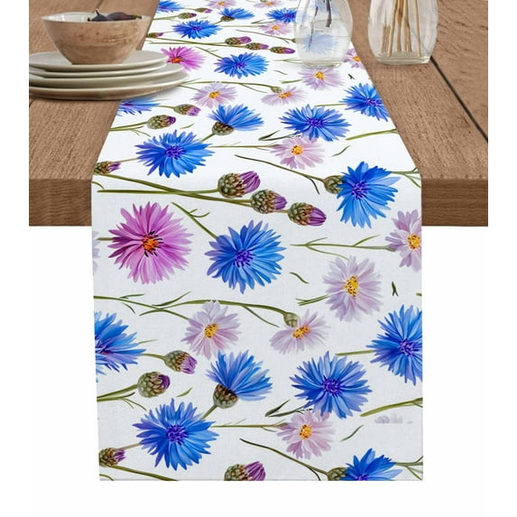 Blue Flower Burlap Cotton Table Runner 13x90 Inches Long, Pink Daisy Watercolor Farm Budding Floral Farmhouse Table Runners, Outdoor Dining Tablecloths Decor for Baby Shower/Party/Wedding