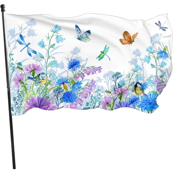 Blue Flower Butterfly Dragonfly Bird Flag Outdoor Indoor With Grommet Spring Summer Garden Yard Banner Decorative Sign