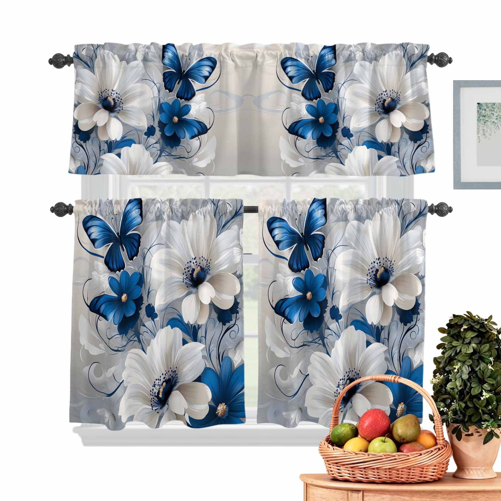 Blue Flower Butterfly Kitchen Curtains Valances 3 Piece Set, Country