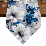 Blue Flower Butterfly Table Runner for Dining Room, Country Farm White Blue Floral Butterfly Cotton Linen Dining Table Runner Tablecloth Dresser Scarves for Kitchen Cafe 13x72 Inches Long