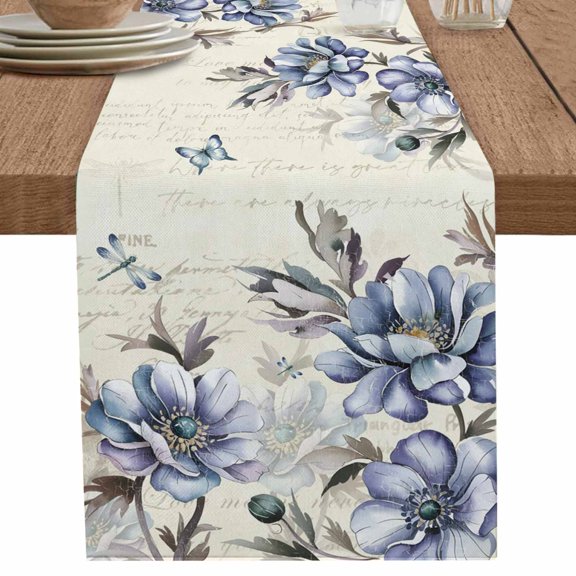 Blue Flower Butterfly on Vintage Letter Table Runner-36 Inch Long Pastoral Plant Table Runners Linen Burlap Tablerunner for Kitchen Dining Room Holiday Party
