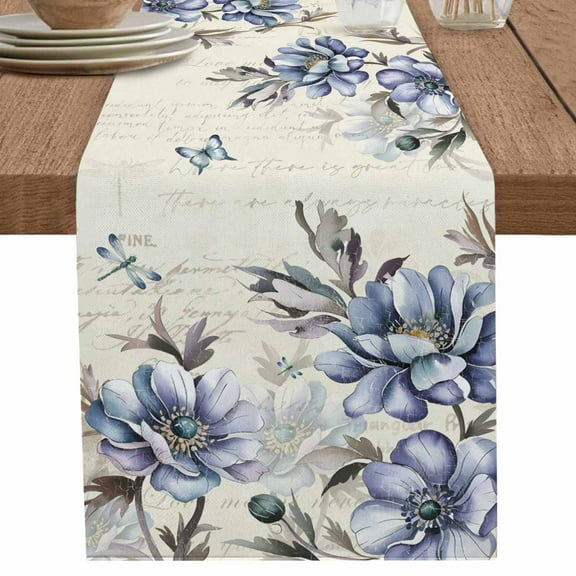 Blue Flower Butterfly on Vintage Letter Table Runner-70 Inch Long Pastoral Plant Table Runners Linen Burlap Tablerunner for Kitchen Dining Room Holiday Party