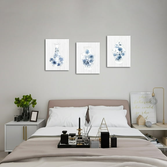 Blue Flower Canvas Wall Art: Blue Flowers in Vase Artwork Print Painting for Living Room Office 12'' x 16' x 3 Panels