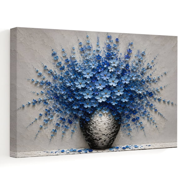Blue Flower Canvas Wall Art, Rustic Vintage Blue Floral Vase Oil Painting Textured Wall Art Prints Artwork Framed Canvas Ready to Hang Art Pictures for Bathroom, Dressing Table, Entryway 12" x 8"
