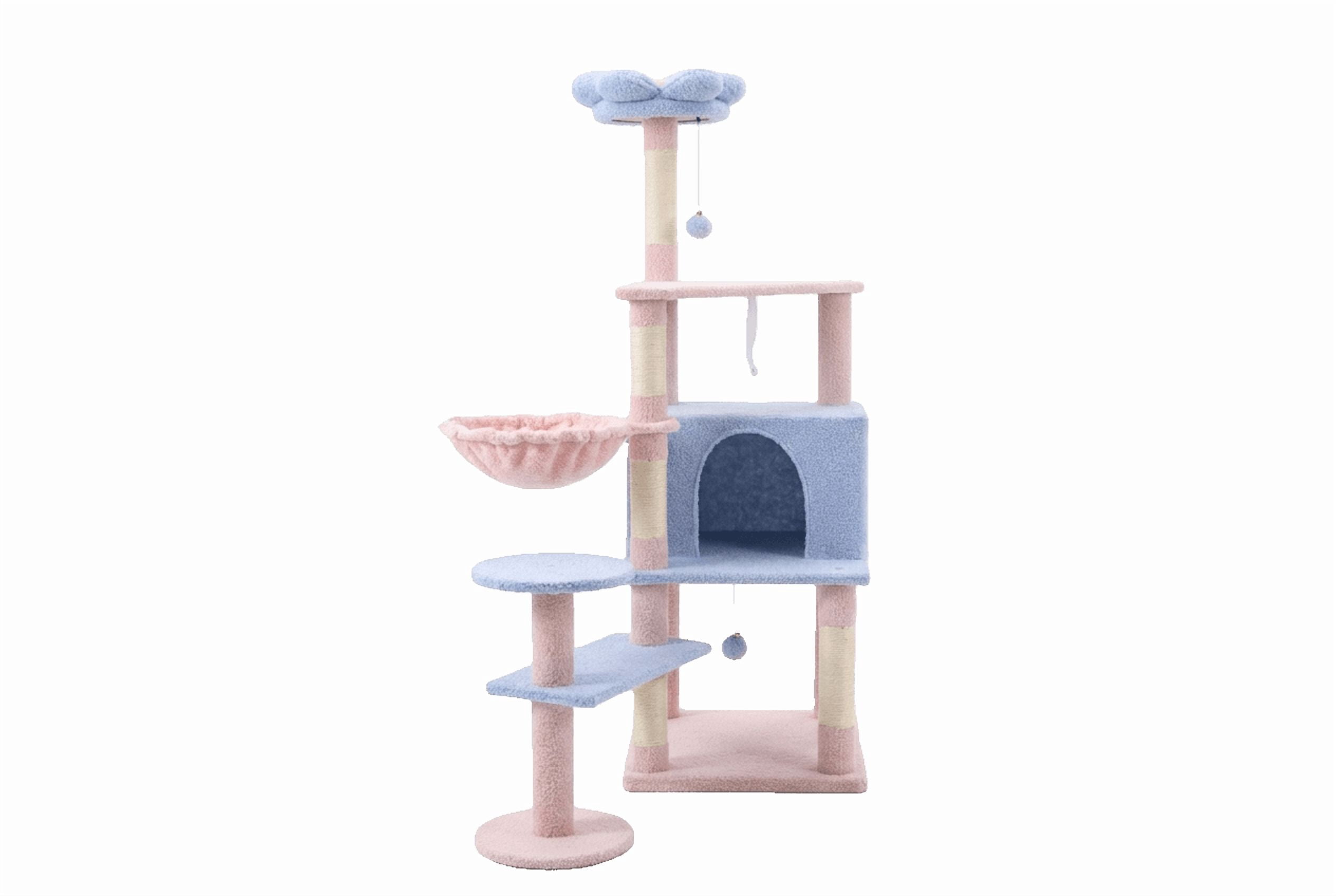 Blue Flower Cat Tree, 56" Multi-Level Cat Tower with Large Condo, Removable Flower Cushion & Hammock, Sisal Scratching Posts for Indoor Cats