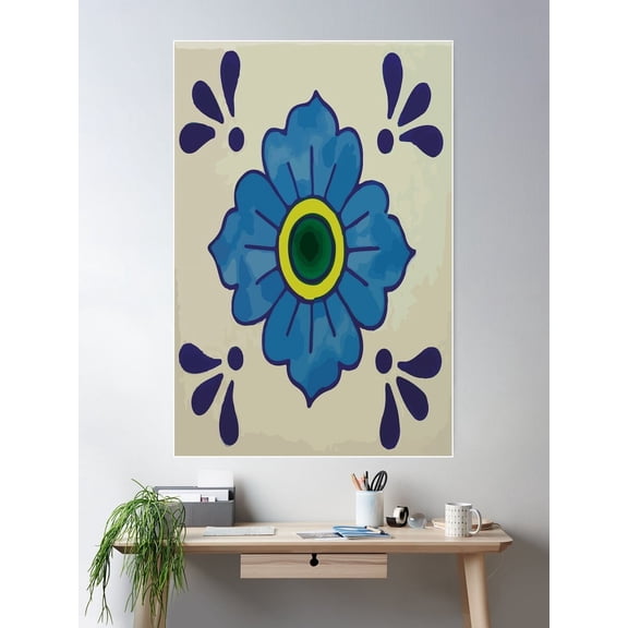 Blue Flower Classic Talavera Tile Pattern Stylish Kitchen Poster Wall Art, Modern Wall Decor For Living Room Bedroom, 8x12 UNFRAMED