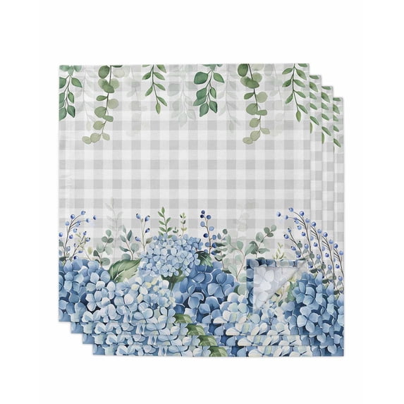 Blue Flower Cloth Napkins Set of 4 Reusable Dinner Napkins, Grey Plaid Hydrangeas Eucalyptus Leaves Cocktail Napkin Washable Table Napkins for Wedding/Holiday Party/Baby Shower 20"x20"