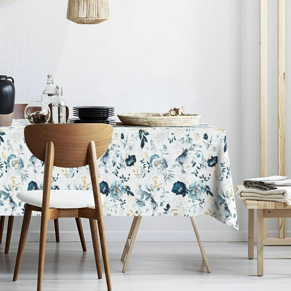 Blue Flower Clusters Fabric Waterproof Tablecloth,Rectangle Watercolor Wrinkle Oil-Proof Resistant Table Cover for Dining Table, Buffet Parties and Campin,(60" x 84" inch)