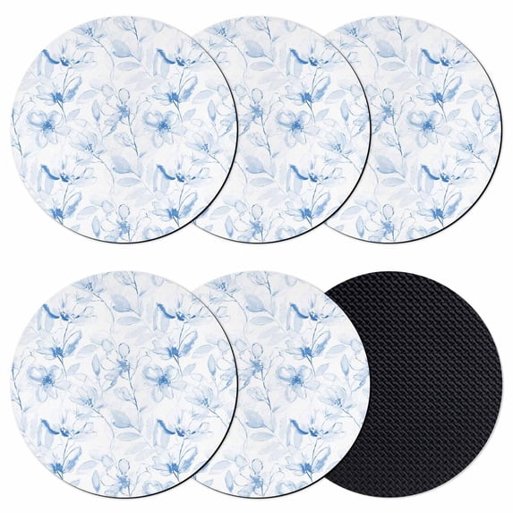 Blue Flower Coasters Set of 6, Absorbent Coasters for Drinks, Watercolor Floral Botanical Line Drawing Print Coaster for Desk Coffee Table Protection, Home Decor House Warming Gifts 4"