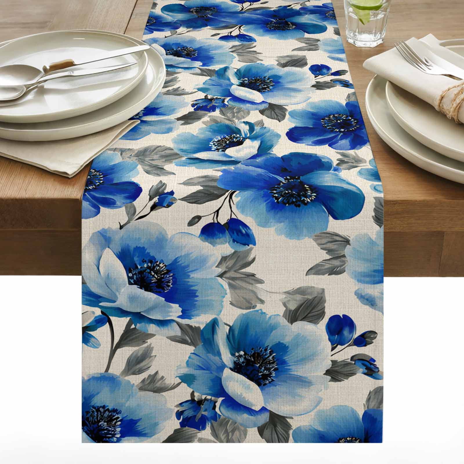 Blue Flower Cotton Linen Table Runner Watercolor Gradient Blue White ...