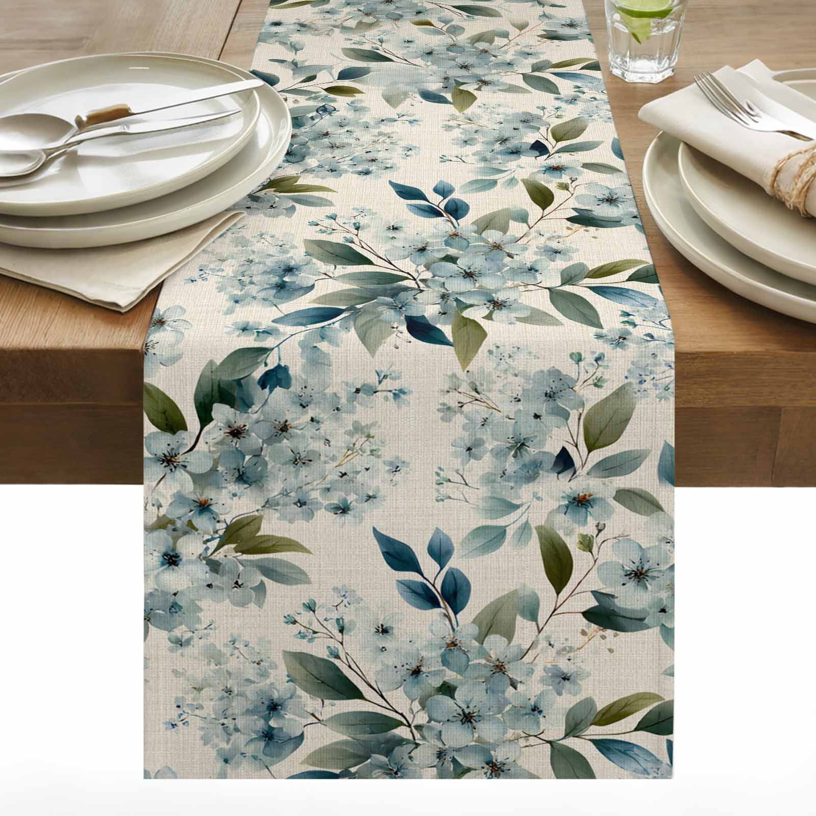 Blue Flower Cotton Linen Table Runner Watercolor Spring Blue Floral ...
