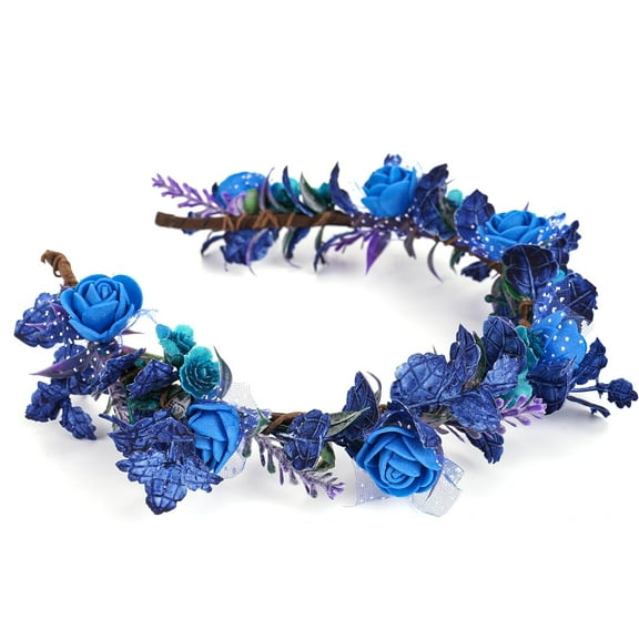 Blue Flower Crown Headband - Fairy Floral Headpiece Rose Floral Accessories with Lace for Women Girls Birthday Wedding Party Photo Props Hairband