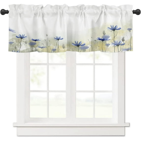 Blue Flower Curtain Valance, Elegant Watercolor Floral Print Short Rod Pocket Window Treatment for Living Room, Bedroom, Kitchen, Bathroom, 1 Panel, 54" W x 18" L