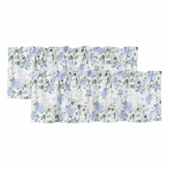 Blue Flower Curtain Valances for Windows, Kitchen Valance Window Treatments Panel 2 Pack, Sage Green Eucalyptus Leaf Farmhouse Country Rod Pocket Short Curtains for Bathroom Bedroom 54 x 18 Inch