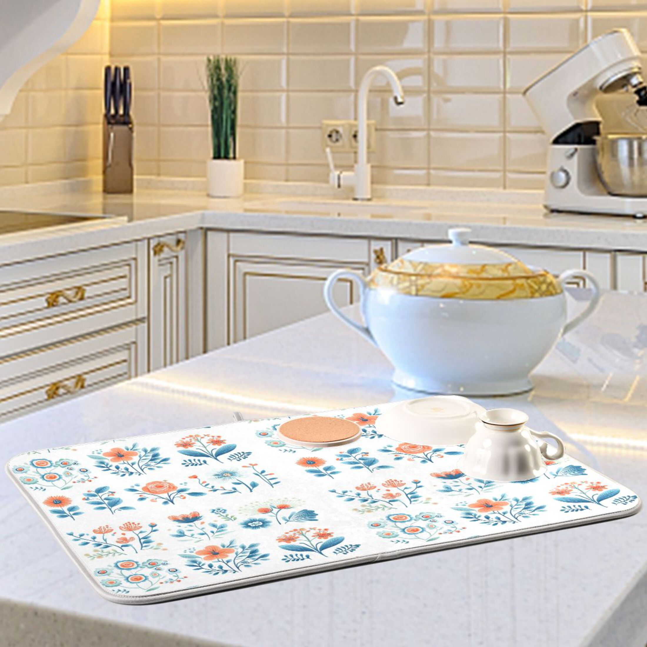 Blue Flower Decal Dish Drying Mats for Kitchen Counter Absorbent ...