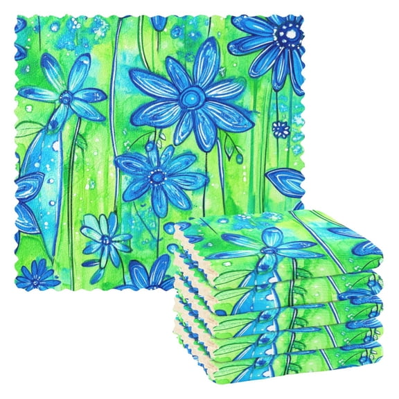 Blue Flower Delight 6 Pack Kitchen Cleaning Cloths 11'' x 11'', Super Absorbent, Soft Double Layer Plush for Dish and Surface Cleaning