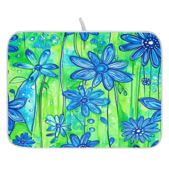 Blue Flower Delight Dish Drying Mat for Kitchen, Quick Drying Absorbent Soft Durable 16" x 18"