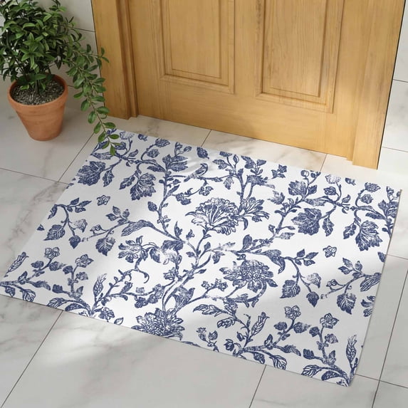 Blue Flower Door Mat, Non Slip Bathroom Rugs, Spring Leaf Vintage ...