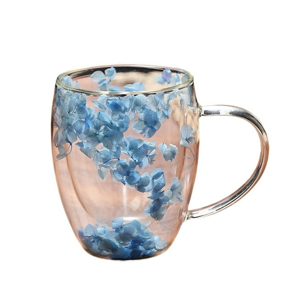 Blue Flower Double Wall Clear Glass Coffee Mugs 12oz Creative Clear Glass Cups with Handle Insulated Layer Flowers Coffee Cup for Hot Cold Juice Coffee