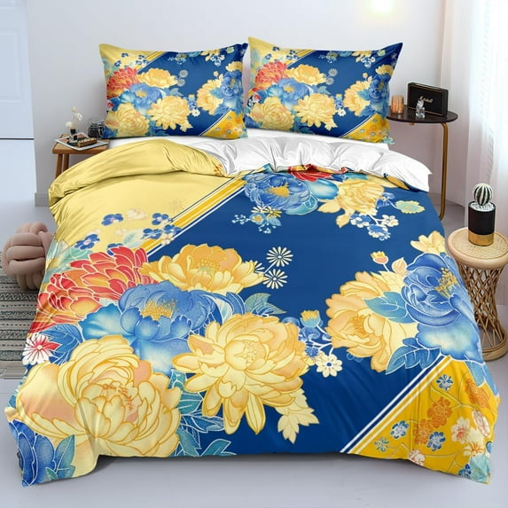 Blue Flower Duvet Cover Yellow Floral Comforter Cover Patchwork Blossom Quilt Cover Stylish Flowers Bedding Set Plant Themed Bed Sets Bedroom Decor