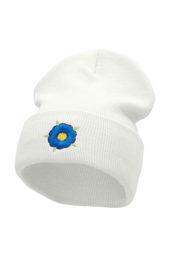 Blue Flower Embroidered 12 inch Acrylic Cuffed Long Beanie - White OSFM