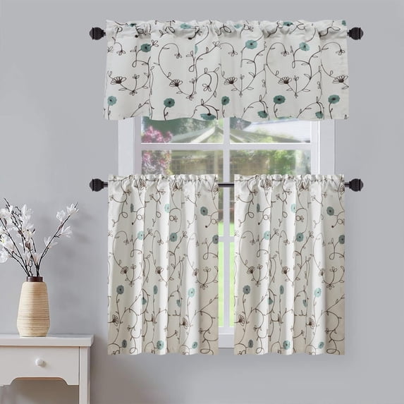 Blue Flower Embroidery Kitchen Curtain Tier and Valance Set Decorative Cafe Curtains 36 Inch Long Rod Pocket Curtain for Small Windows, 3 Panels