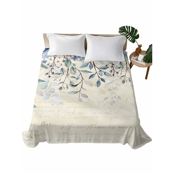 Blue Flower Flat Sheets Only King Size, Soft Breathable Bed Top Sheets for Mattress, Farmhouse Eucalyptus Retro Country Plant Luxury Bedding Flat Sheets for Home Hotel Bedroom Bed Protection