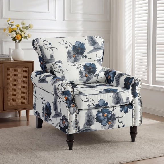 Blue Flower Floral Upholstered Wingback Accent Chair With Nailhead Trim