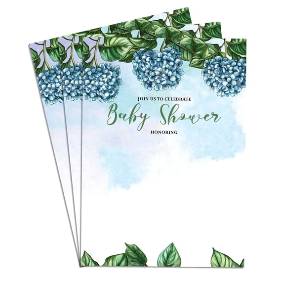 Blue Flower Green Leaves Charming Baby Shower Invitation Elegant & Fun Designs for Boy & Girl 50 Card Perfect for Baby Celebration 5x7 in