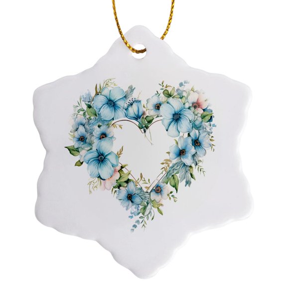 3drose, Blue Flower Heart Wreath Illustration, 3 inch Snowflake Porcelain Ornament
