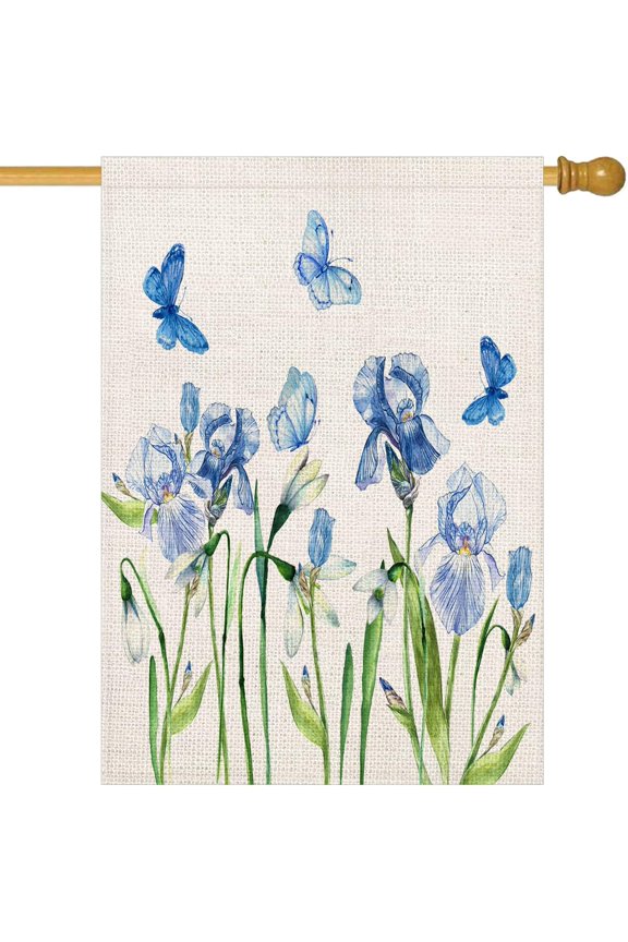 Blue Flower House Flag Vertical Double Sided Spring Floral Butterfly Outdoor Flags 28x40 Inch Seasonal Holiday Rustic Lawn Yard Garden Flag